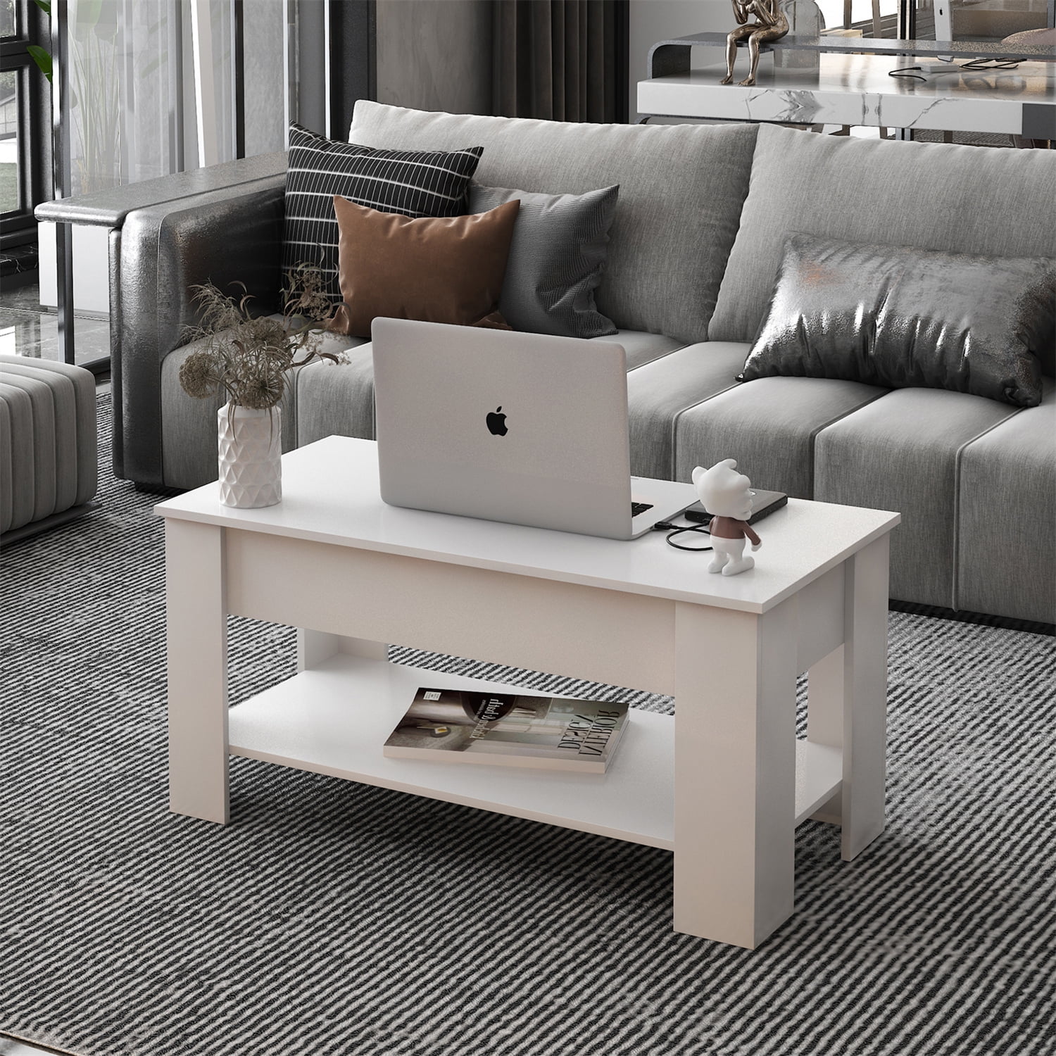 Kepooman Lift Top Coffee Table, Wood Lifting Top Central Table, White Kepooman Lift Top Coffee Table, Wood Lifting Top Central Table, White