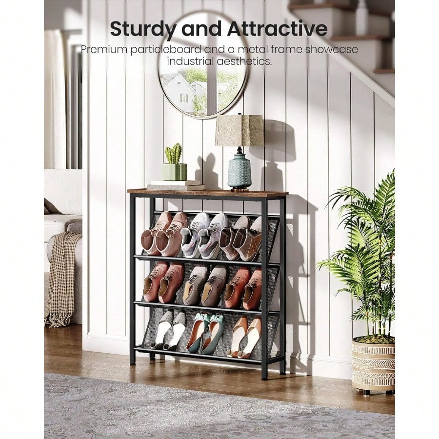 Shoe Rack 4Tier Slanted Shoe Storage Shelf Narrow Shoe Rack For Entryway Shoe Organizer With Adjustable Feet Slim Shoe Shelf With Wooden Top And Metal Frame Rustic Brown And Black TXJ75BF