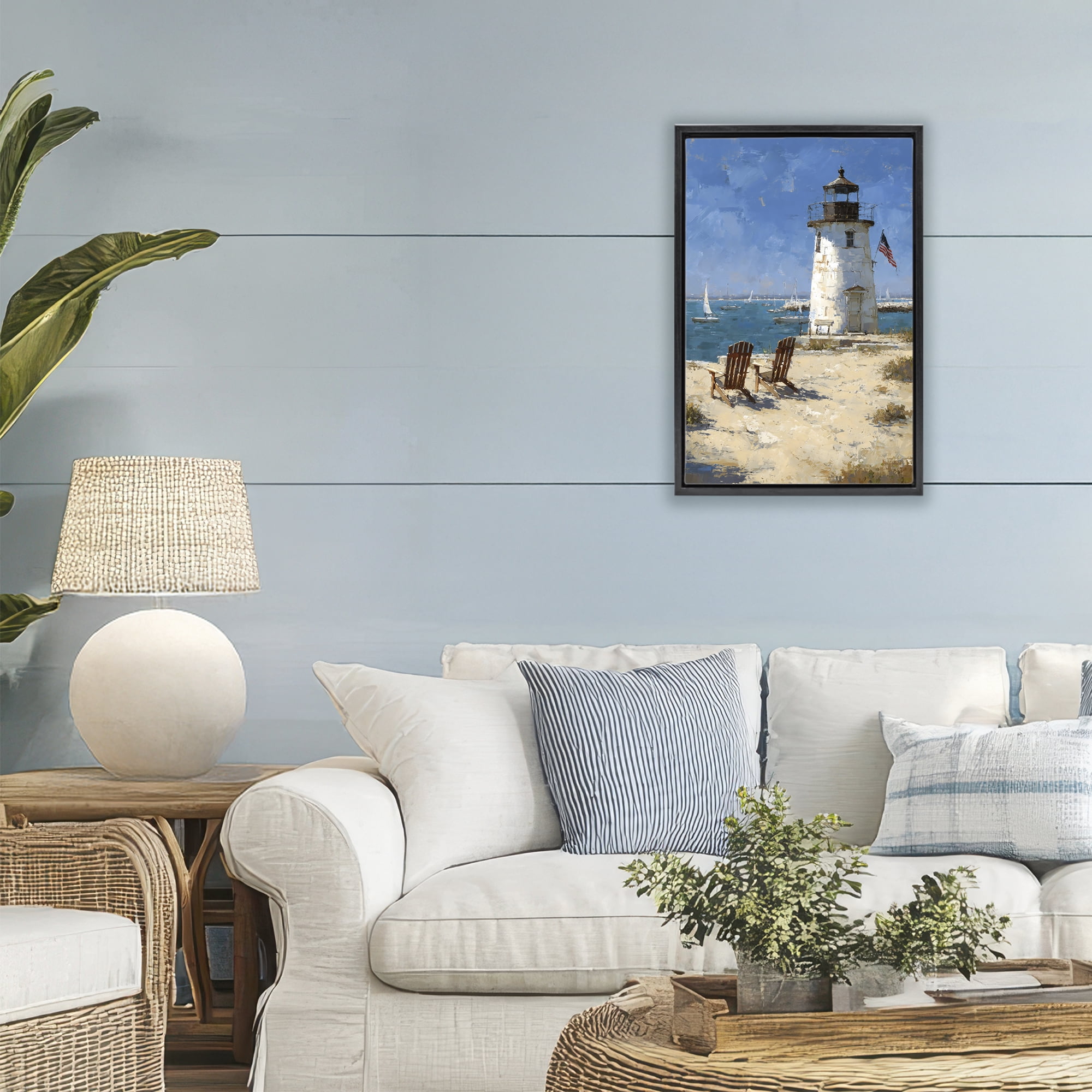 Stupell Industries Summer at Lighthouse Bay Black Framed Floater Canvas Wall Art, design by Petal Prints Design
