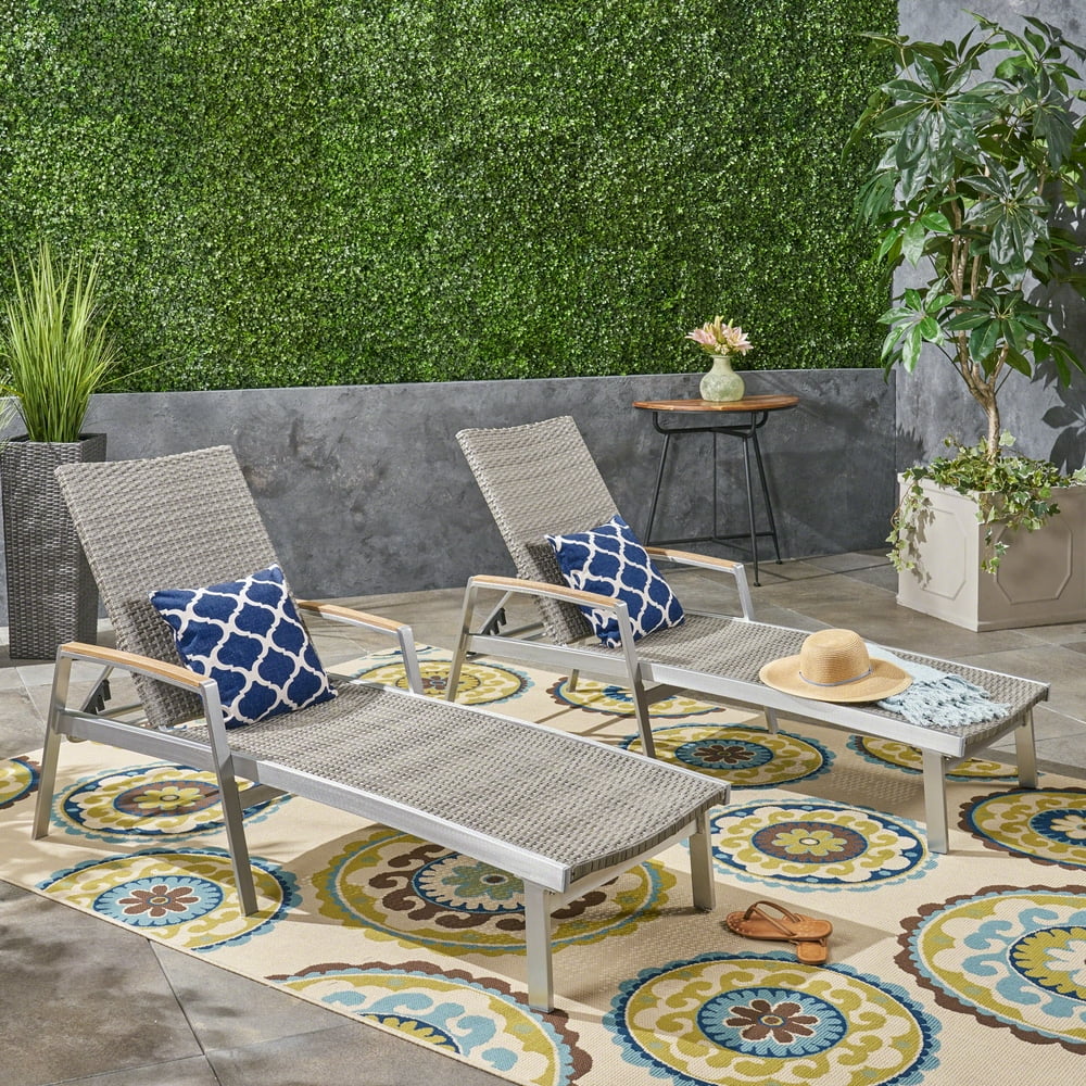 Levi Outdoor Wicker and Aluminum Chaise Lounges, Set of 2, Gray