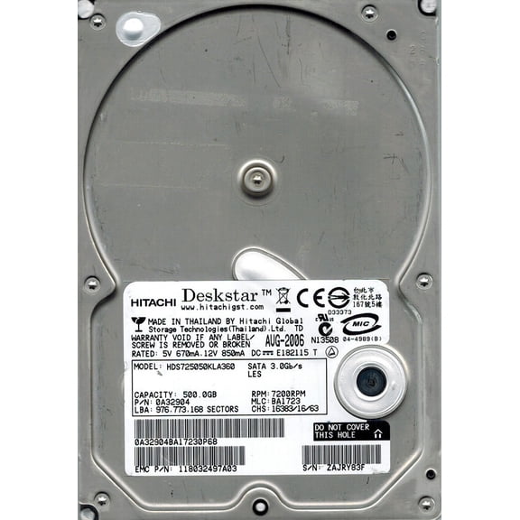Hitachi HDS725050KLA360 P/N: 0A32904 MLC: BA1723 500GB