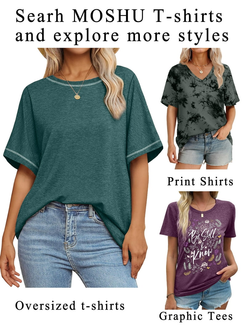MOSHU V-Neck Women's Tops, Short Sleeve, Loose, Summer Wear