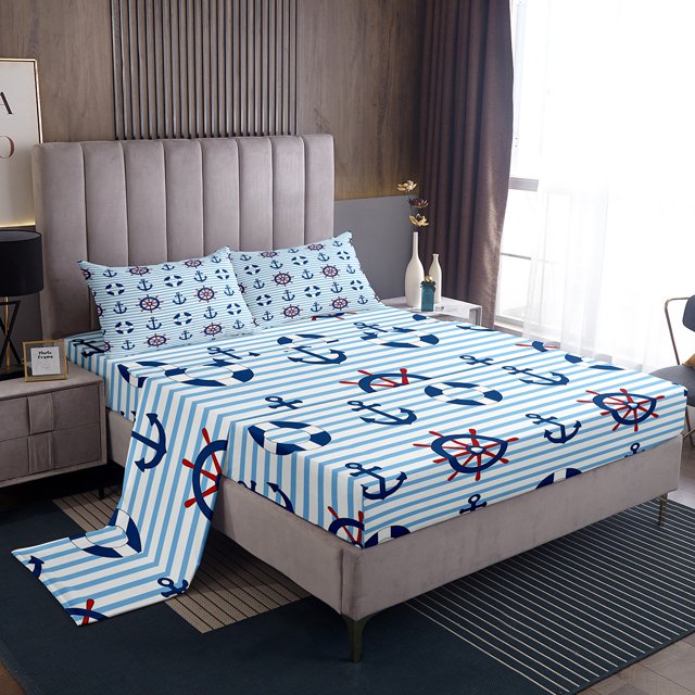 Erosebridal Anchor Print Queen Sheet Sets, Rudder Ocean Bedding Queen Size, Stripes Ombre Decor 4pcs