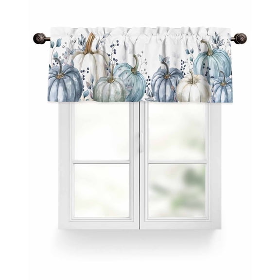 Fall Thanksgiving Kitchen Valances for Windows Navy Blue White Pumpkins Leaves Valance Curtains for Kitchen /Living Room/Bedroom/ Bathroom Decor, 54"x18 " ,Rod Pocket 1 Panel, White