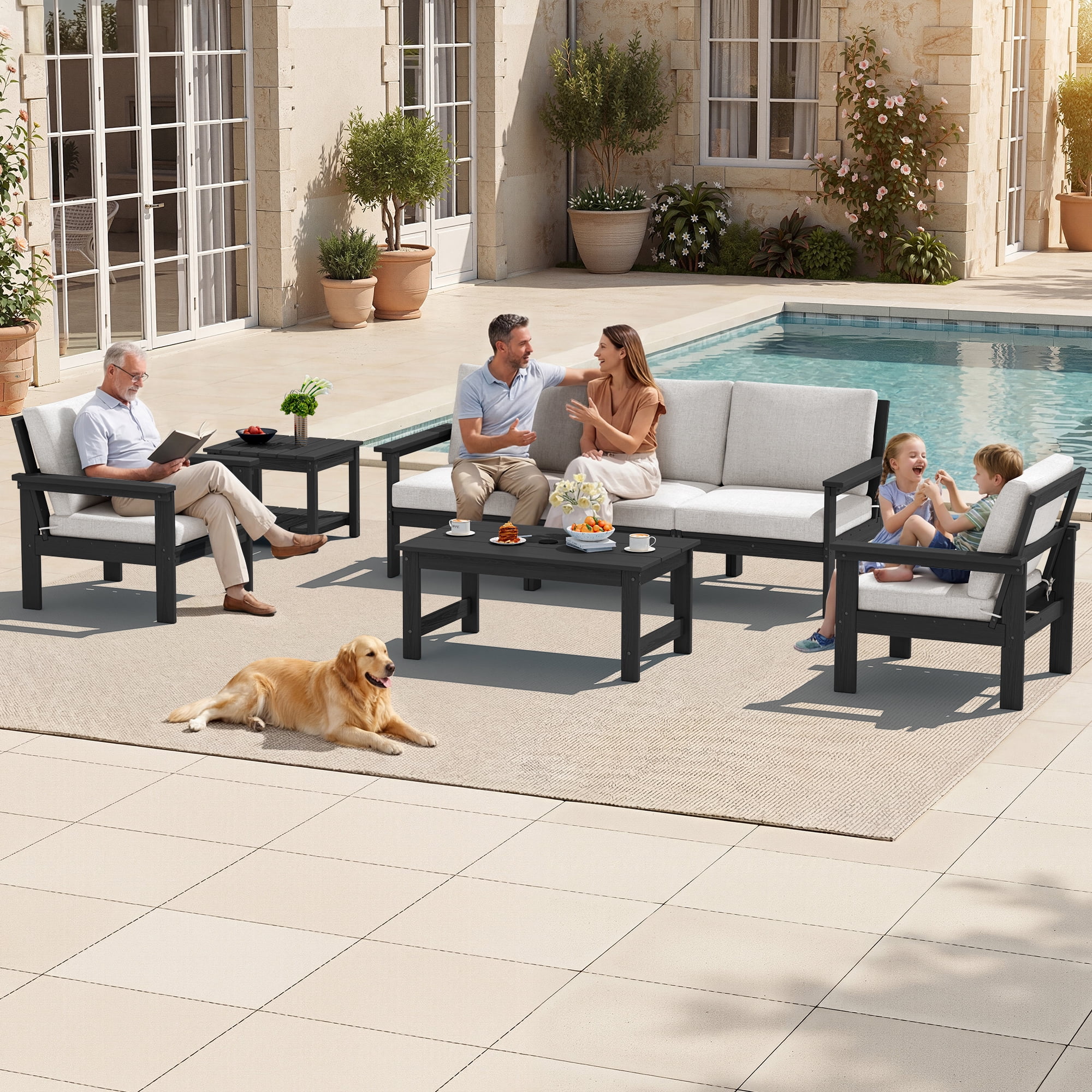 SERWALL Outdoor Patio Furniture Set, 7-Piece HDPE Outdoor Sofa Set Patio Conversation Set, Black Frame with Beige Cushions