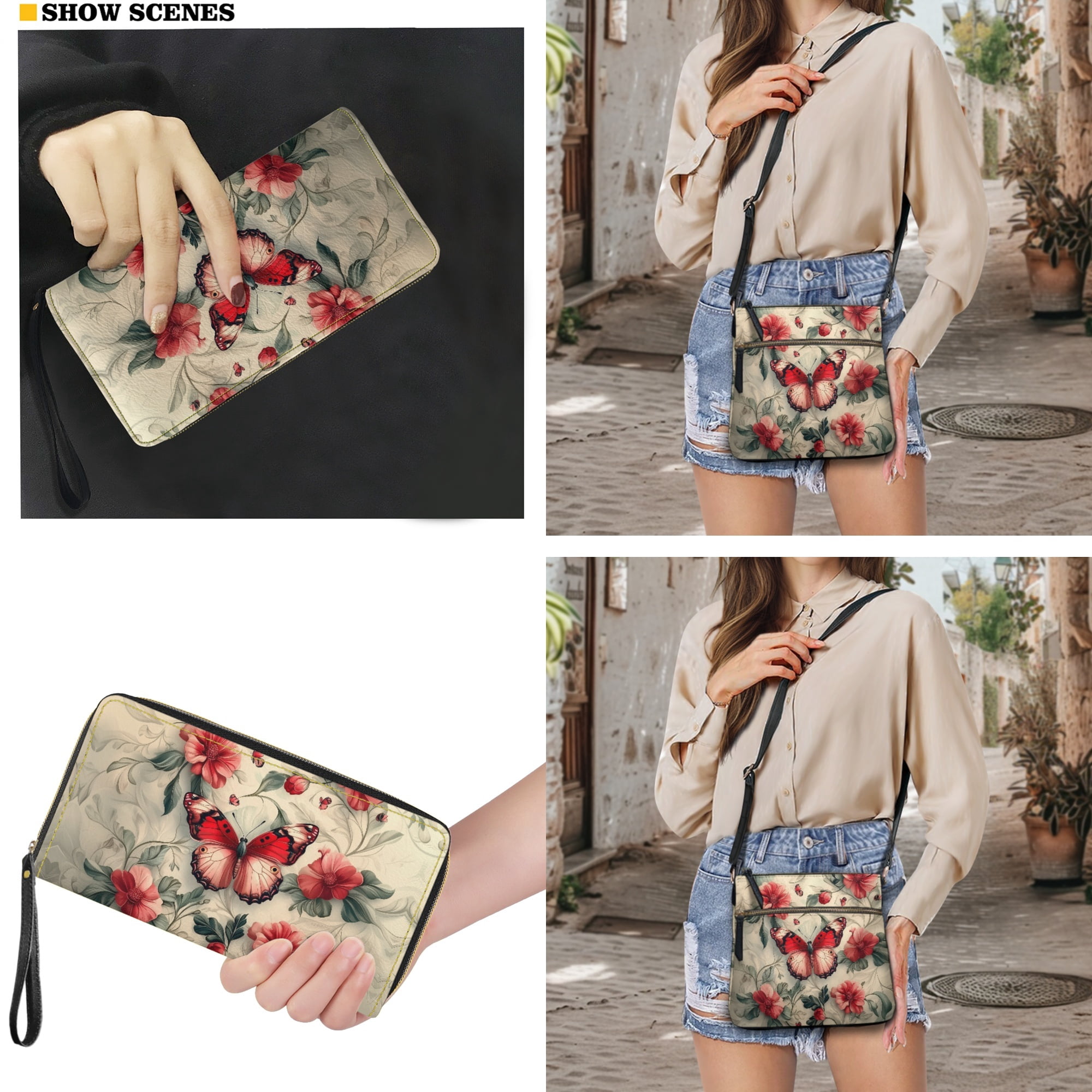 ZUXONGSY Butterfly Daisy Flower Print PU Leather Hobo Bag and Matching Wallet Set for Women, Stylish Crossbody Purse with Adjustable Strap, Ideal for Travel & Casual Use