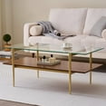 thumbnail image 3 of Rectangle Coffee Table Mid-Century Modern Design L W x H for Living Room - Structure Amber Glass Top and Walnut MDF Shelf Sleek Conical Metal Legs with Gold Finish, 3 of 9