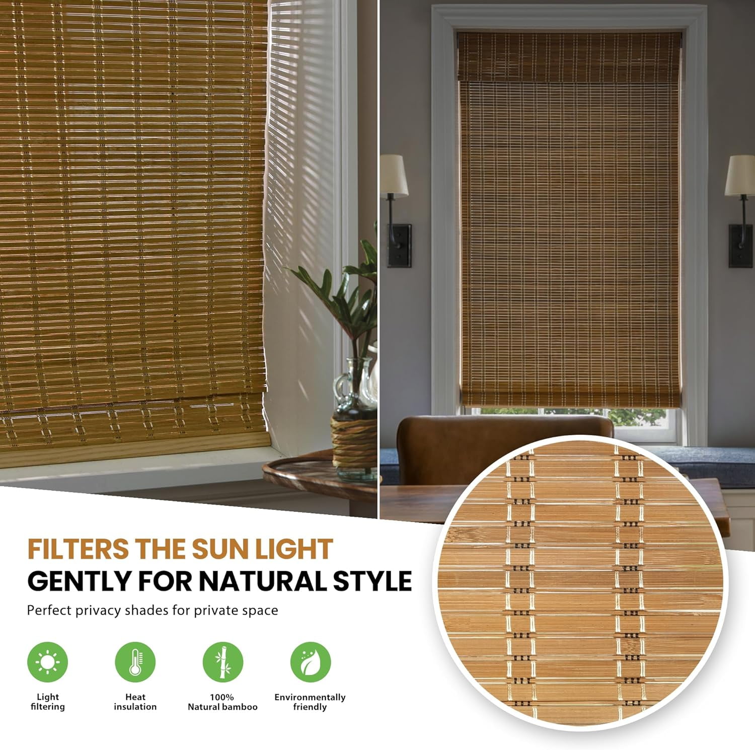 LazBlinds No Tools No Drill Cordless Bamboo Roman Shades, Light Filtering Window Treatment, Roll Up Bamboo Blinds for Window 30'' W x 64'' H, Brown