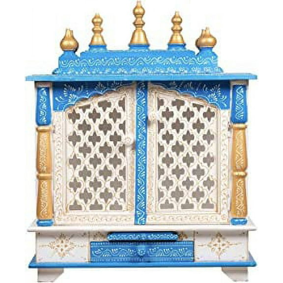 TAM Creatio Wooden Pooja Mandir Indian Hindu Decoration Puja Cabinet Temple Bhagwan Stand Mandapam Wall Hanging Decor for Home in USA (White Blue)