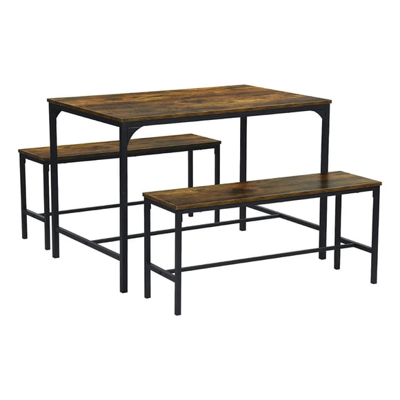 Juego de Comedor 4 Personas Mesa Rectangular 110x70cm con 2 Bancas Estilo Industrial Color Madera