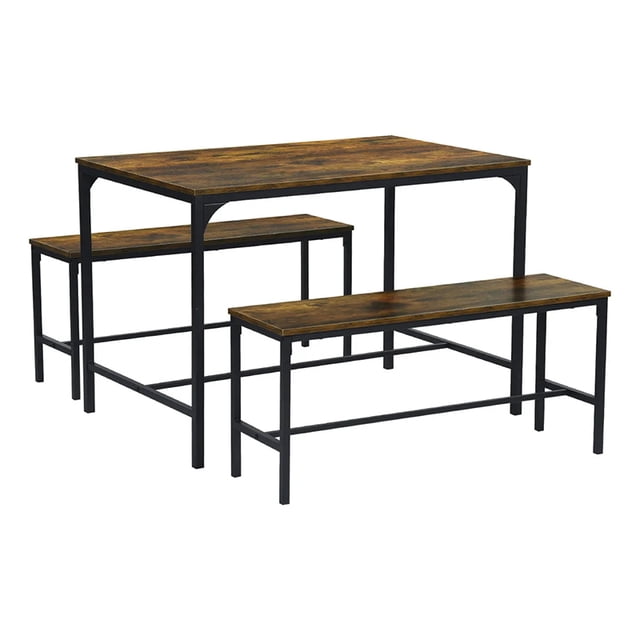 Juego de Comedor 4 Personas Mesa Rectangular 110x70cm con 2 Bancas Estilo Industrial Color Madera