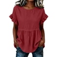 thumbnail image 7 of hoksml Women's Cotton Linen Ruffle Sleeve Peplum Blouse, Round Neck Casual Babydoll Top, Loose Fit Summer Daily Office Wear Shirt, 7 of 7