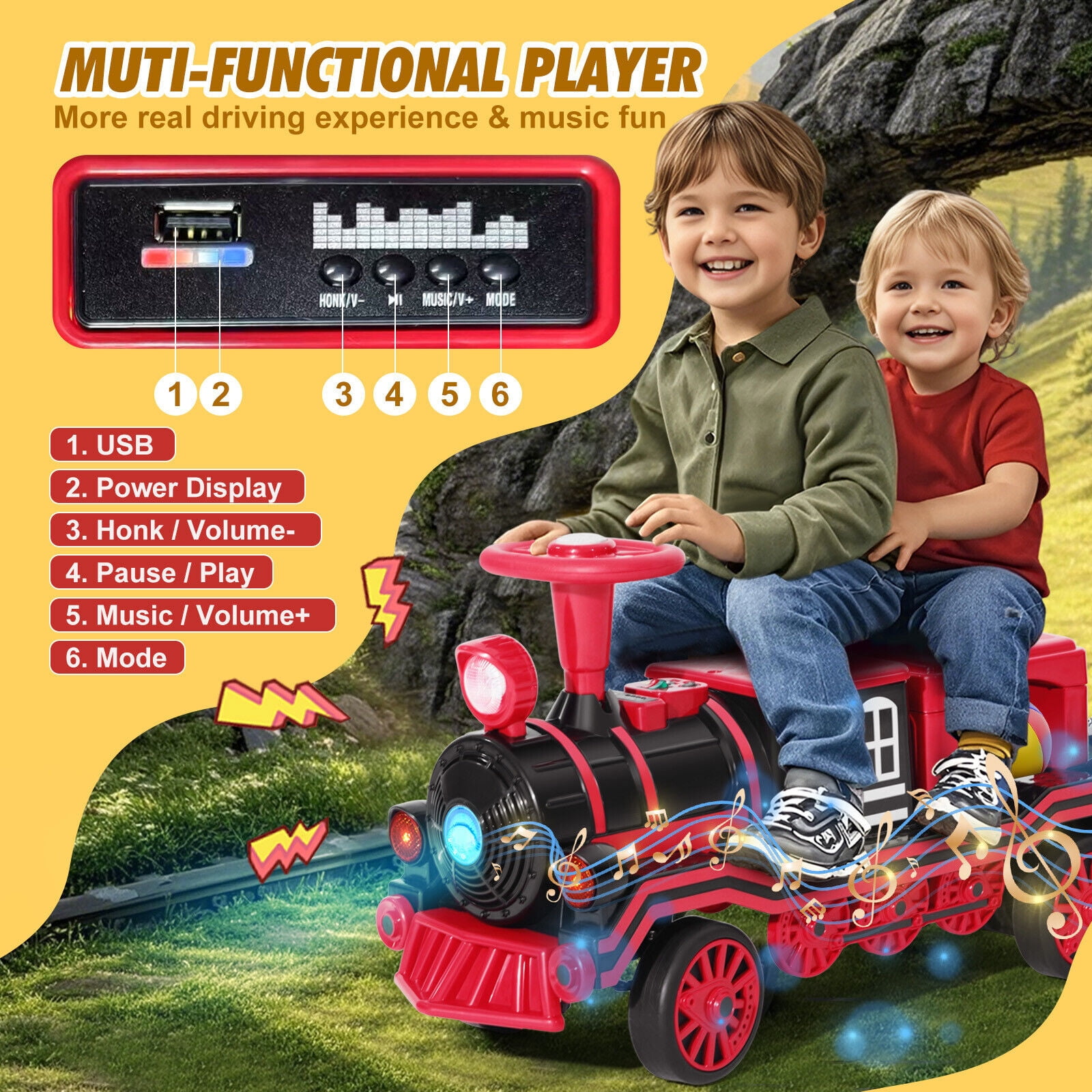 Red 2-Seater 12V Electric Kids Ride On Train Toy Car Boys Girls Gift w/2 Speed,Music,Lights,Honk,Storage,USB,Support to 110LBS