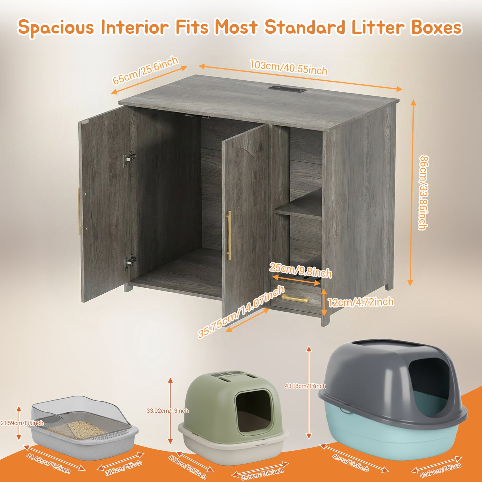 ZephyPaws Hidden Cat Litter Box Enclosure Furniture with Power Strip,Extra Large Interior Compatible with Litter-Robot 3/4 & Self-Cleaning Litter Boxes,Pull-Out Litter Collector,Grey