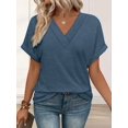 thumbnail image 4 of Womens Short Sleeve Sweater Waffle Knit Tops V Neck Spring Summer T Shirts Casual Blouses Outfits Blue L, 4 of 8