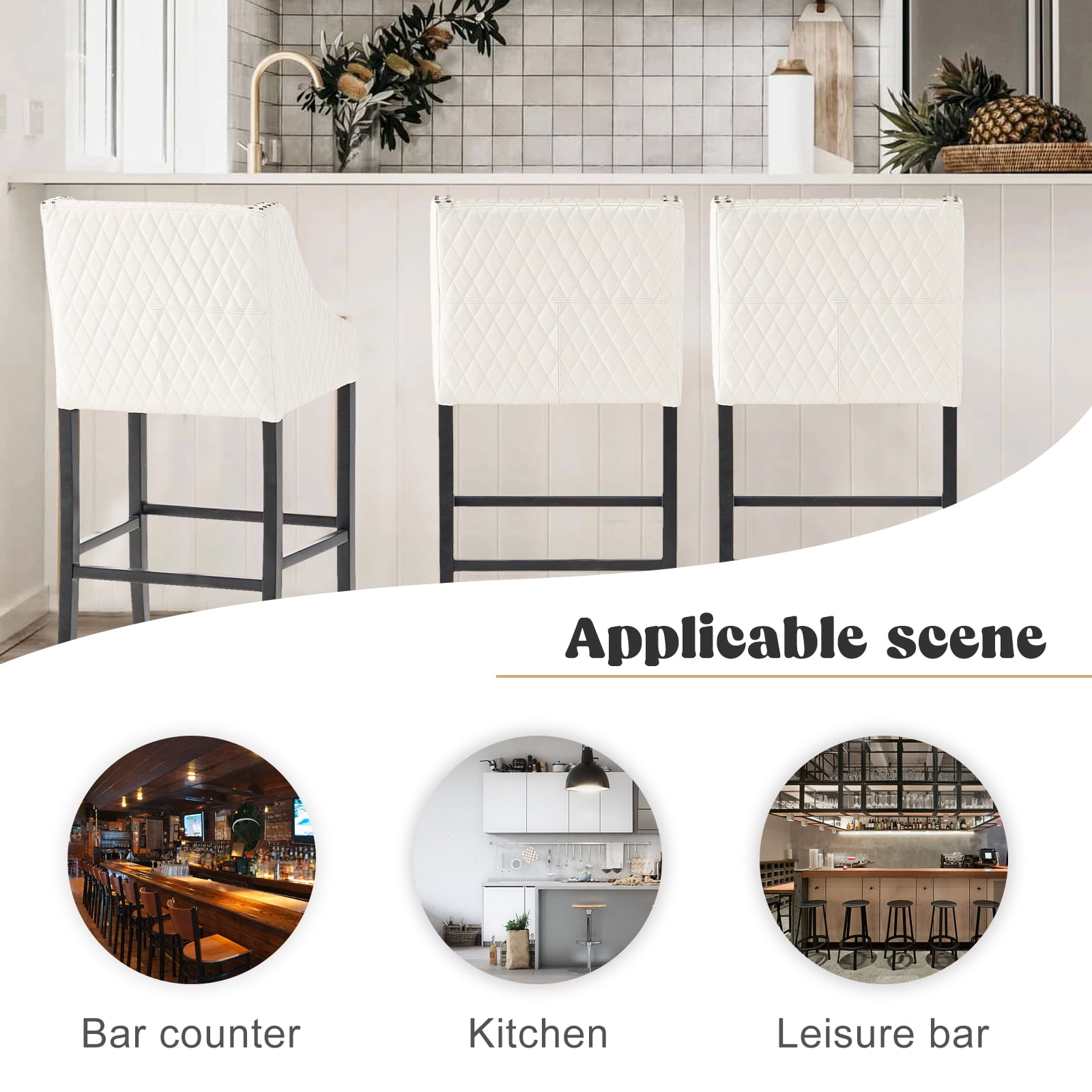 Kadyn Leather Bar Stool, Upholstered Barstool with Backs and Wood Legs, Mid-Century Modern Leather Dining Chairs for Bar, Ivory Kadyn Leather Bar Stool, Upholstered Barstool with Backs and Wood Legs, Mid-Century Modern Leather Dining Chairs for Bar, Ivory