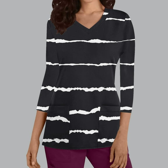 Frostluinai Womens Scrubs V Neck Striped 3/4 Length Sleeve Stretchy Nursing Uniform Tops Casual Medical Scrub Tunic Shirt with Pocket