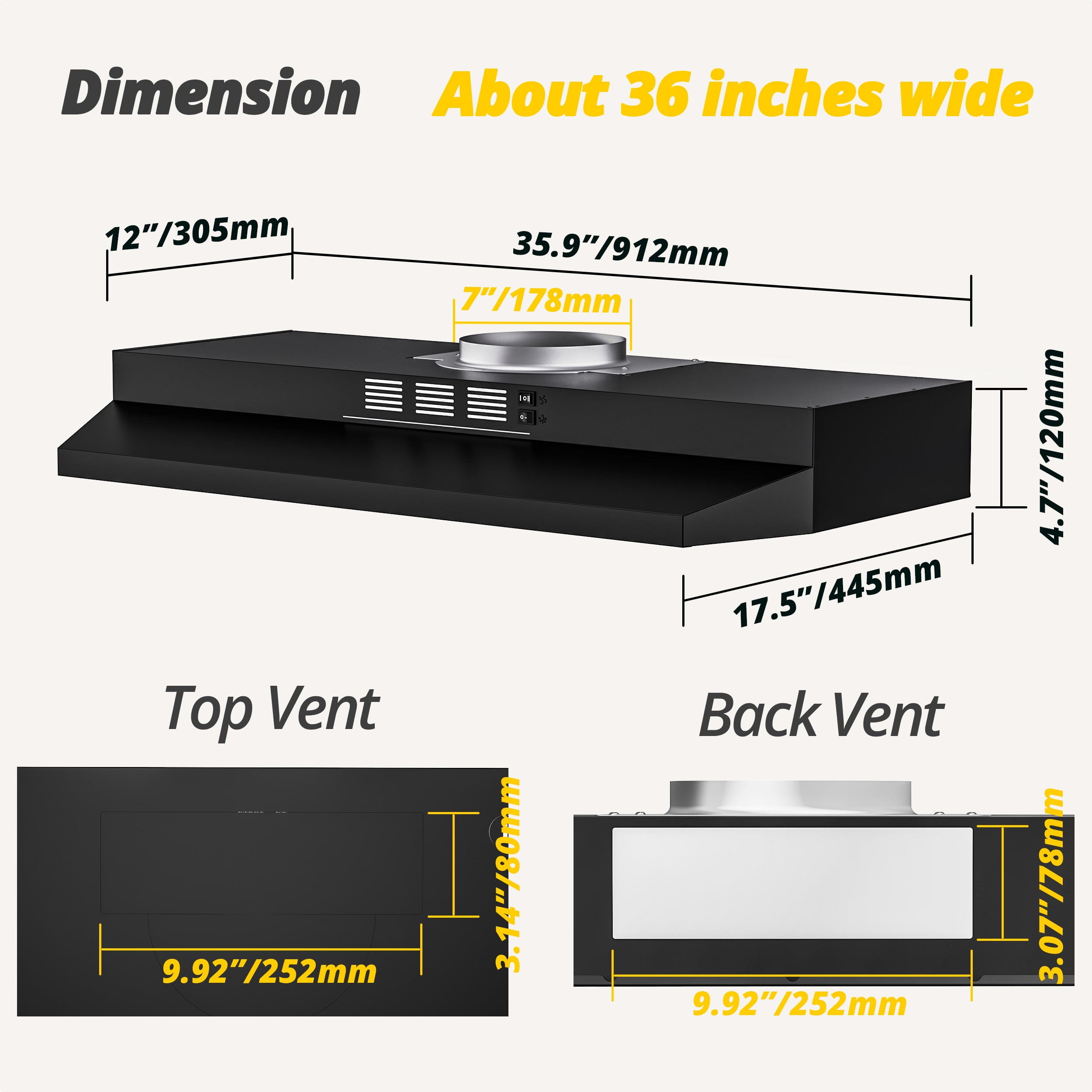 FIREGAS Black Range Hood 36 inch Under Cabinet Range Hood with 2 Speed Exhaust Fan,Ducted/Ductless Convertible,Rocker Button Control,300 CFM,Aluminum Filter