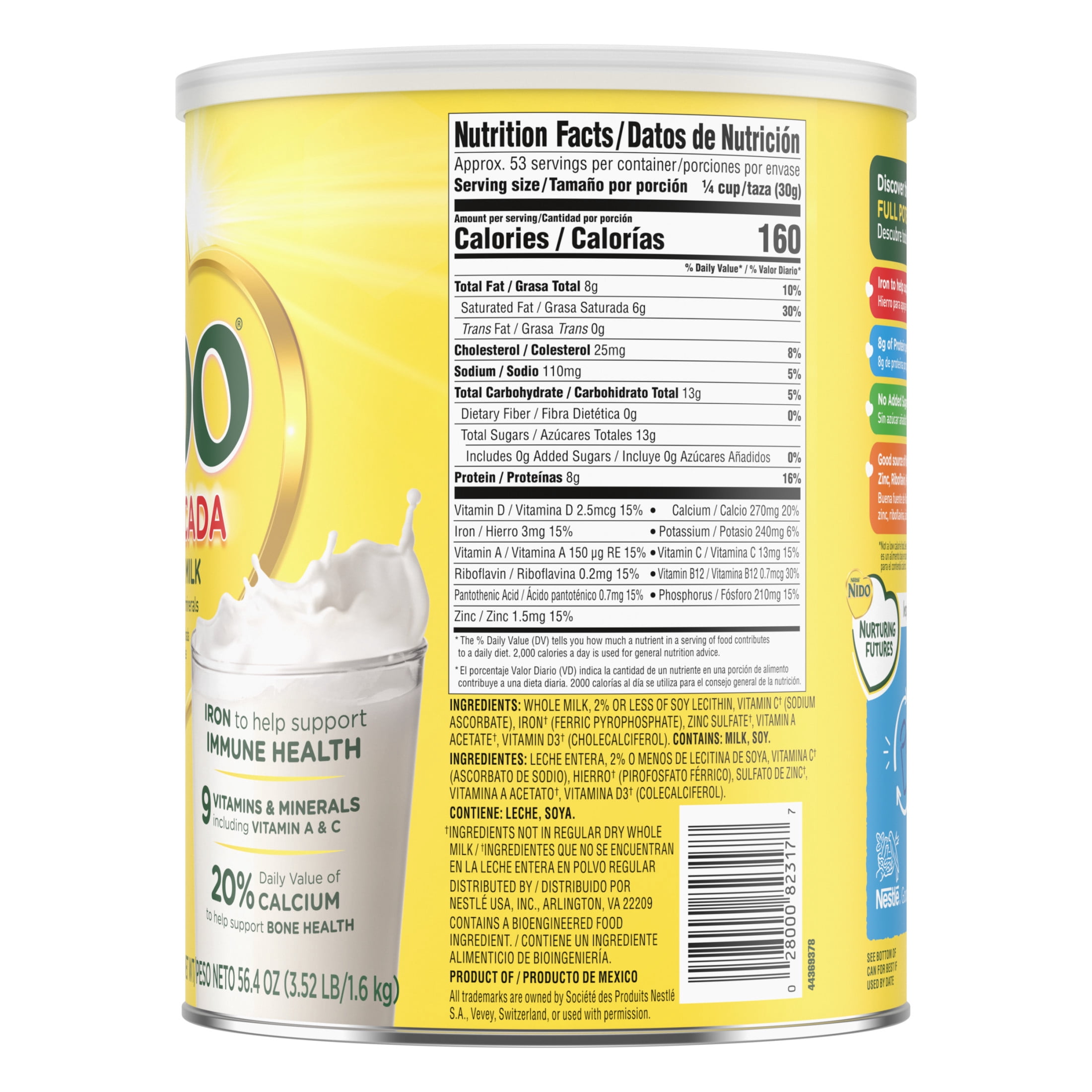 NIDO Fortificada Dry Whole Milk Powder with Vitamins A, C, D, Iron & Calcium, 56.4 oz Canister