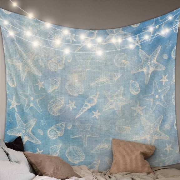 Blue Coastal Large Tapestry for Bedroom Wall Hanging Tapestry, Summer Ocean Starfish Conch Seashells Ceiling Backdrop Tapestries Poster Blanket Wall Decor for Teens Room Living Room Dorm 86" x 104"
