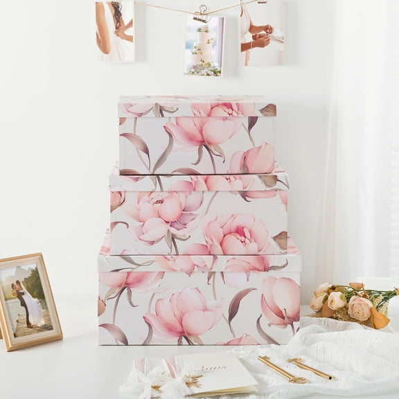 Set of 3 Decorative Cardboard Storage Boxes with Lids Peonies  Floral Keepsake Containers for Home Organization and Gift Packaging