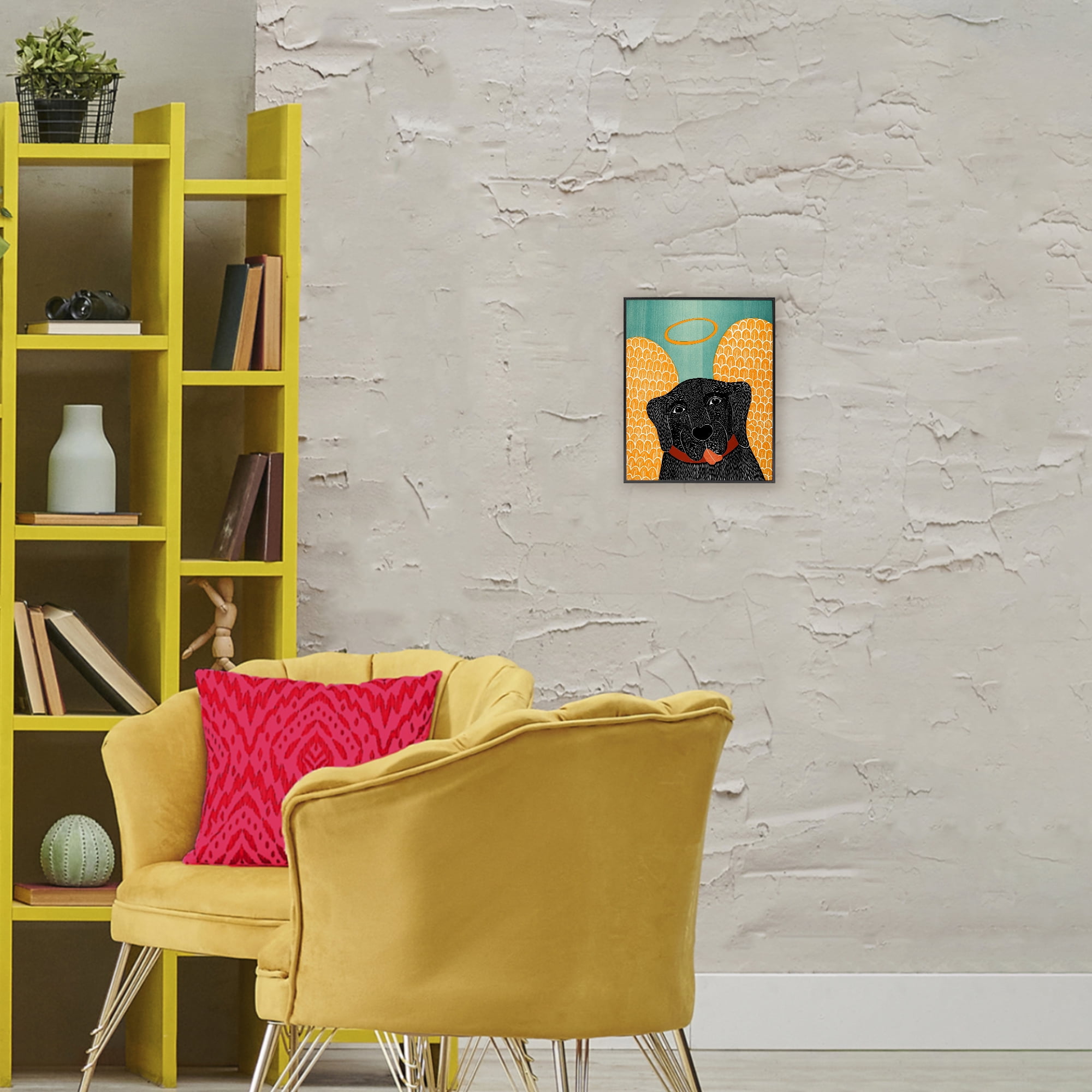 Dog Angel with Yellow Wings Black Framed Giclee Art, design by Stephen Huneck