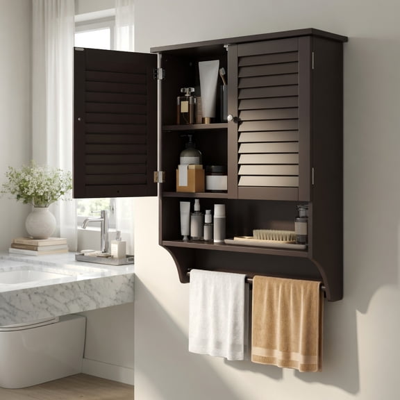 Demi Bonn Wall Mounted Bathroom Cabinet, Medicine Cabinet, 2-Doors Bathroom Wall Cabinet with Towel Bar, for Bathroom, Brown