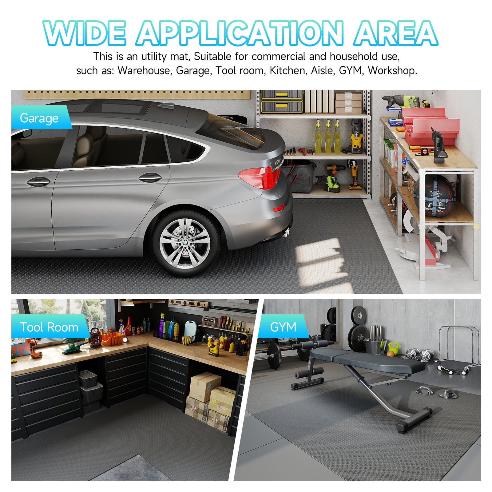 Garage Floor Mat, 7.5 x 20 FT Thickened Diamond Plate PVC Garage Mats Flooring Roll for Under Car, Garage Car Parking Mats for Sports Car，Compact SUVS，Silver