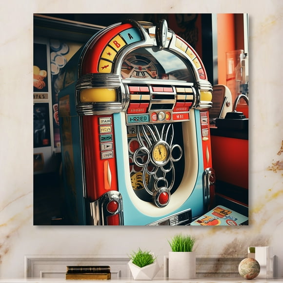 Designart "Symphony of Jukebox Melodies A Blue Soundtrack" Jukeboxes Metal Wall Art, Blue Metal Wall Decor, Modern Metal Art Decor For Hallway - 16x16 Inch