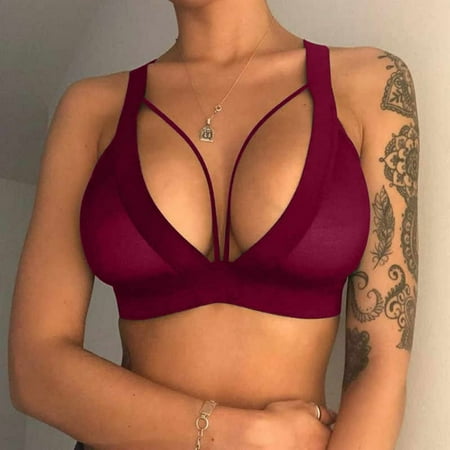 LEEYNEER Lace Bralette Sexy Women Girl Hollow Out Elastic Cage Bra Bandage Strappy Halter Bra
