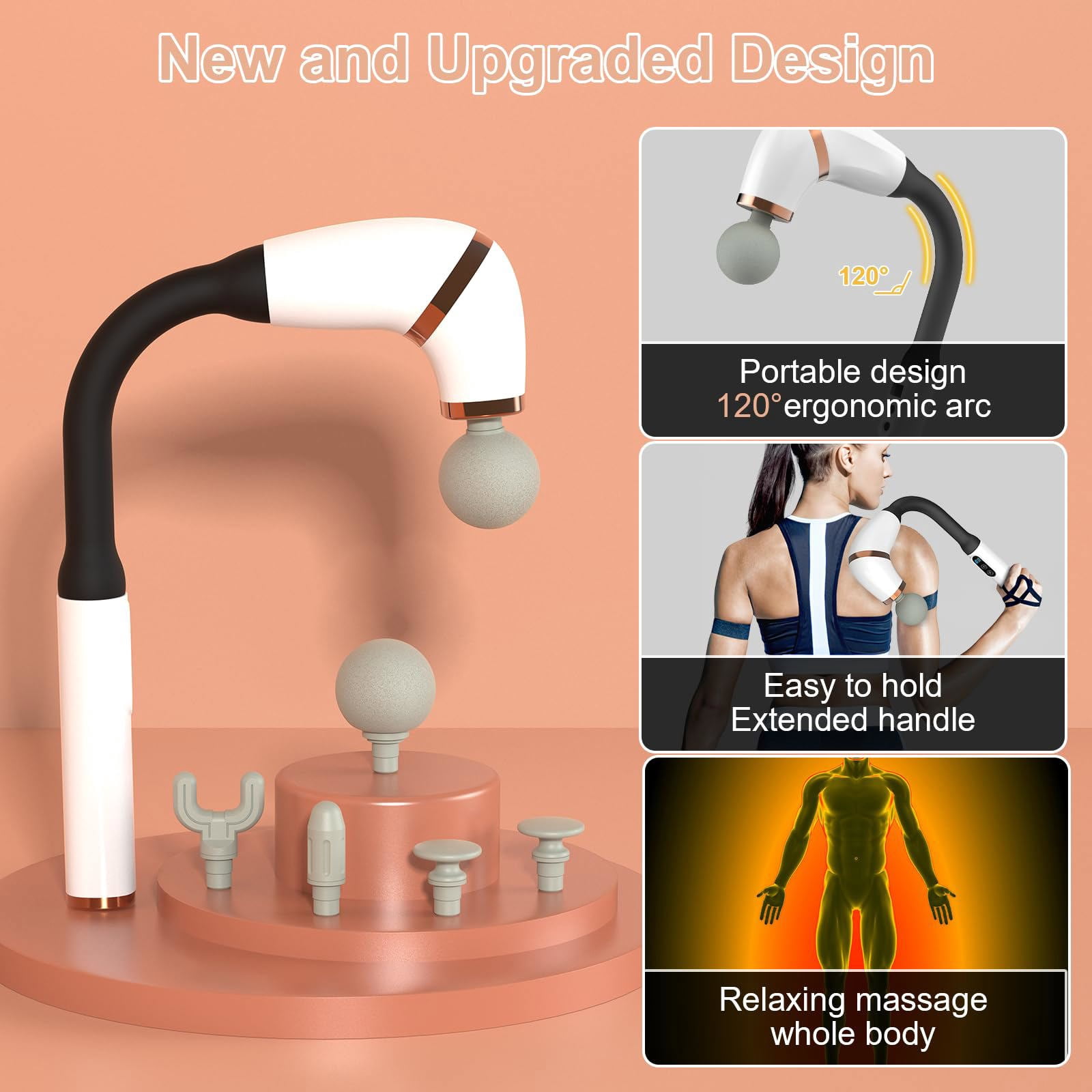 LumixPro Extended Handle Massage Gun, 6 Heads Deep Tissue Back Massager, 6 Speeds Percussion Muscle Massager for Pain Relief, Cordless for Home Gym