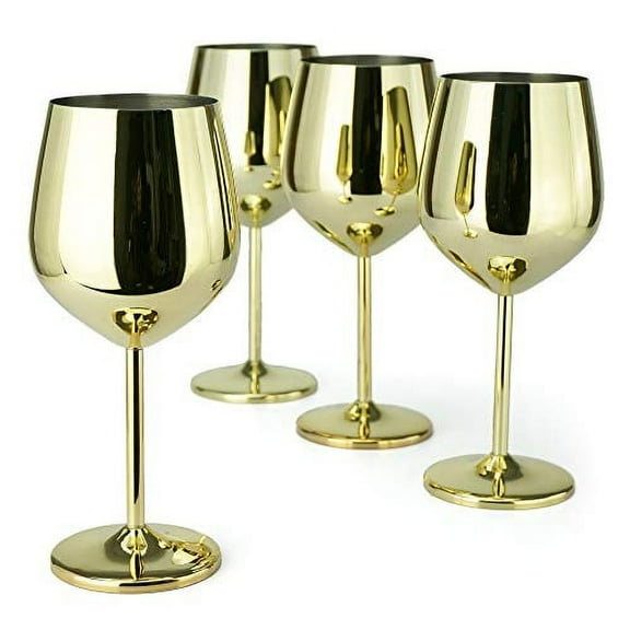 PG Stainless Steel Stem Wine Glass / Stemmed Goblets - Set of 4 - Gold Color - 18.5oz - Modern Style