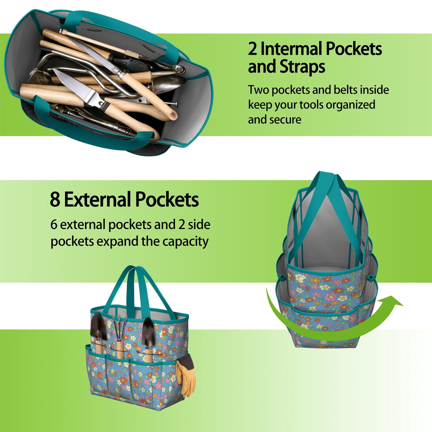 Bright Flowers Garden Tools Bag, Water-proof Oxford Garden Tote Home Organizer Gardening Tool Bag Kit Holder with 8 Pockets for Indoor and Outdoor Gardening(Tools Not Included)