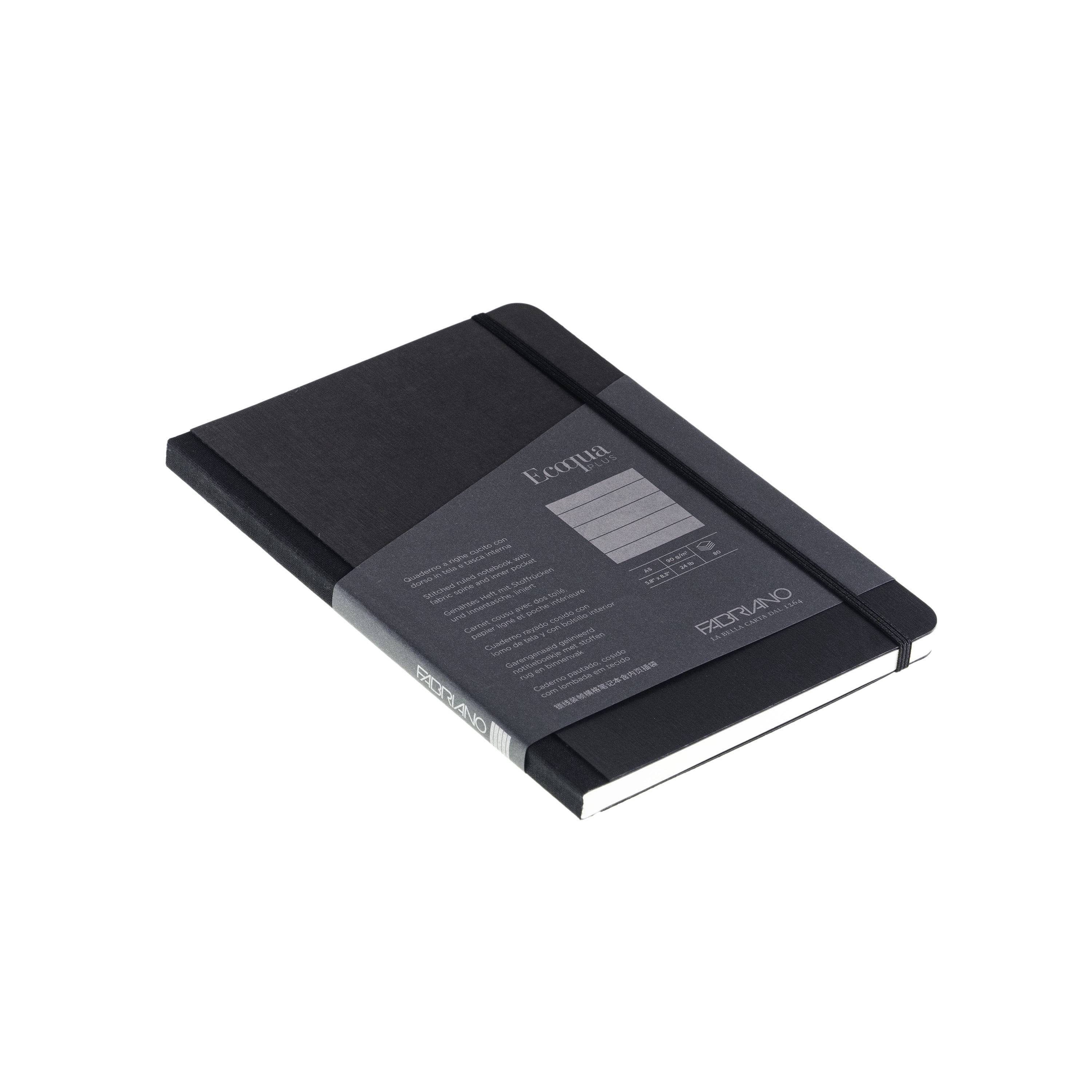 Fabriano Ecoqua Plus Fabric-Bound Notebook, 5.8" x 8.3", A5, Lined, Black