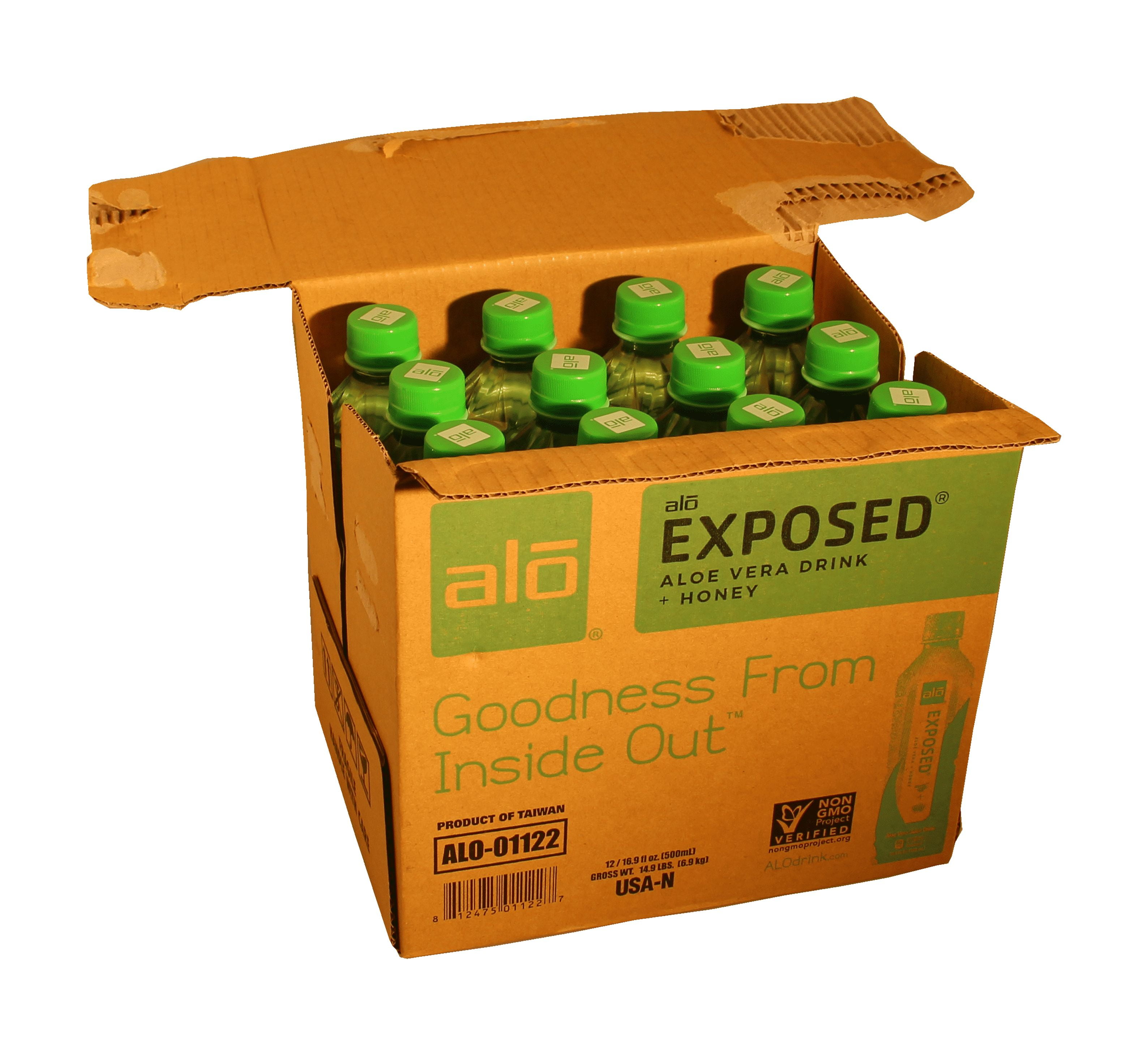 ALO Exposed Aloe Vera Juice Drink + Honey, 12 x 16.9 Fl oz bottles, Made with Real Aloe Vera Pulp & Juice Straight from the Leaf, Plant-Based with Real Pulp