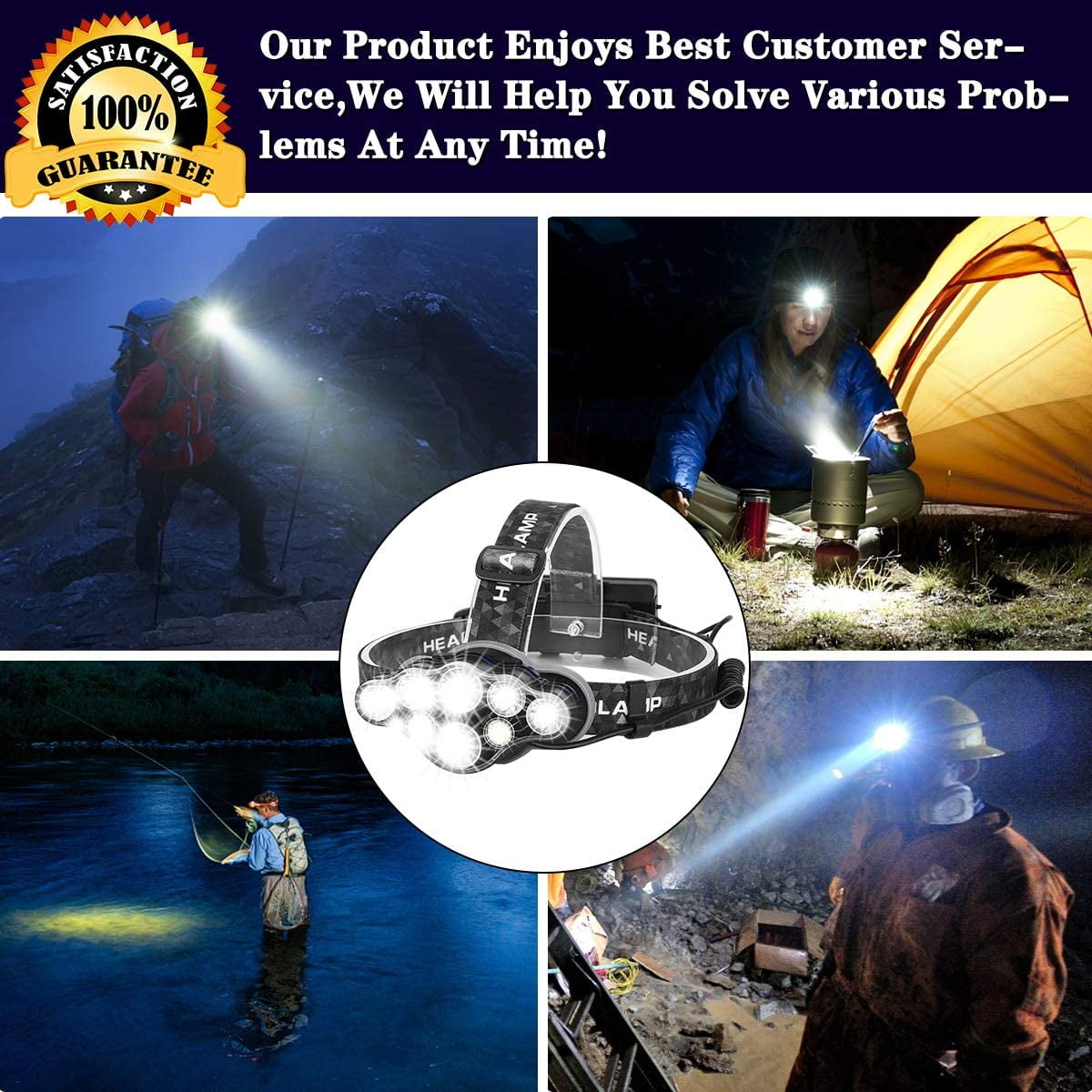 Head Torch,Super Bright Headlight,18000 Lumens 8 LED 8 Modes Headlamp,Rechargeable Waterproof with Red Flash Light Head Torch, for Camping,Fishing,Running,Jogging,Reading,Working