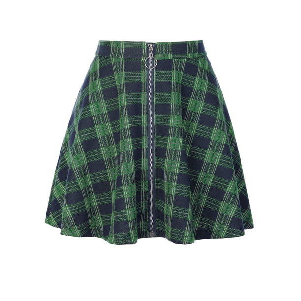Minifalda de cuadros estilo patinadora metálica con cremallera y cintura alta para mujer Allegra K Verde XL