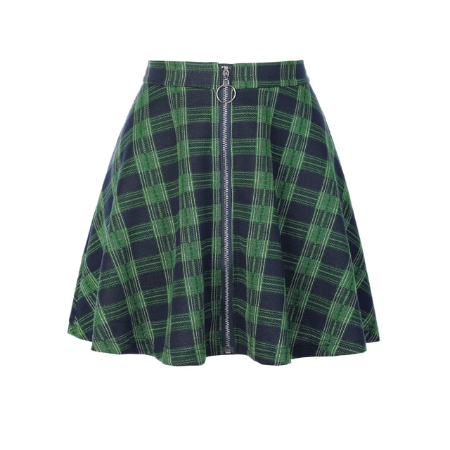 Minifalda de cuadros estilo patinadora metálica con cremallera y cintura alta para mujer Verde M
