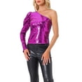 thumbnail image 4 of INSPIRE CHIC Women's Top Sequin One Shoulder Puff Long Sleeve Cocktail Party Shimmer Sparkly Tops XS Hot Pink, 4 of 5