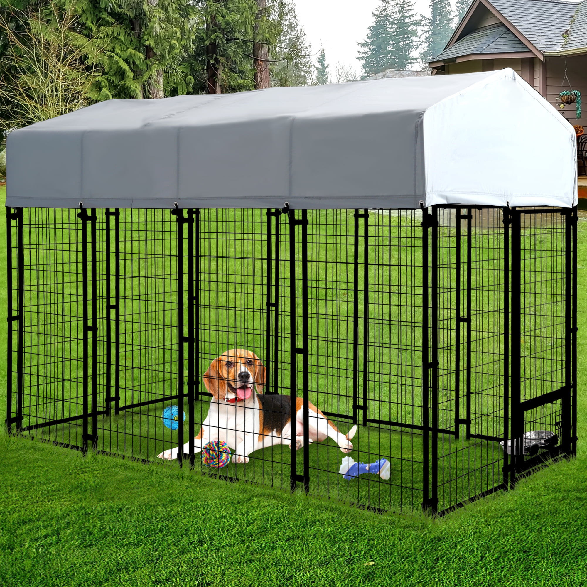 Haverchair Large Outdoor Dog Kennel, Heavy Duty Welded Wire Steel Dog Enclosure Playpen Crate with Waterproof UV-Resistant Roof Cover, Double Lock Dog Kennels Fence with Rotating Feeding Door Bowls