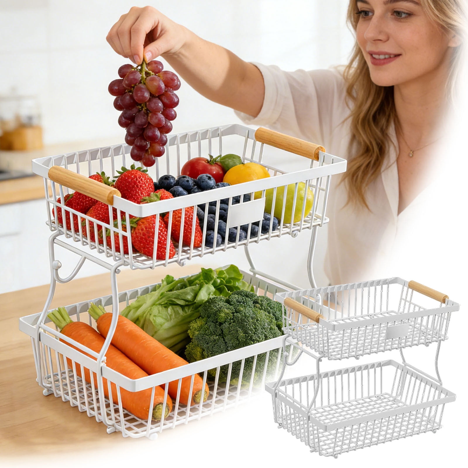 2 Tier Countertop Fruit Basket with 2 Banana Hangers for Kitchen, Detachable Metal Organizer for Bread Vegetable Fruits Rectangular Storage Basket Bowls