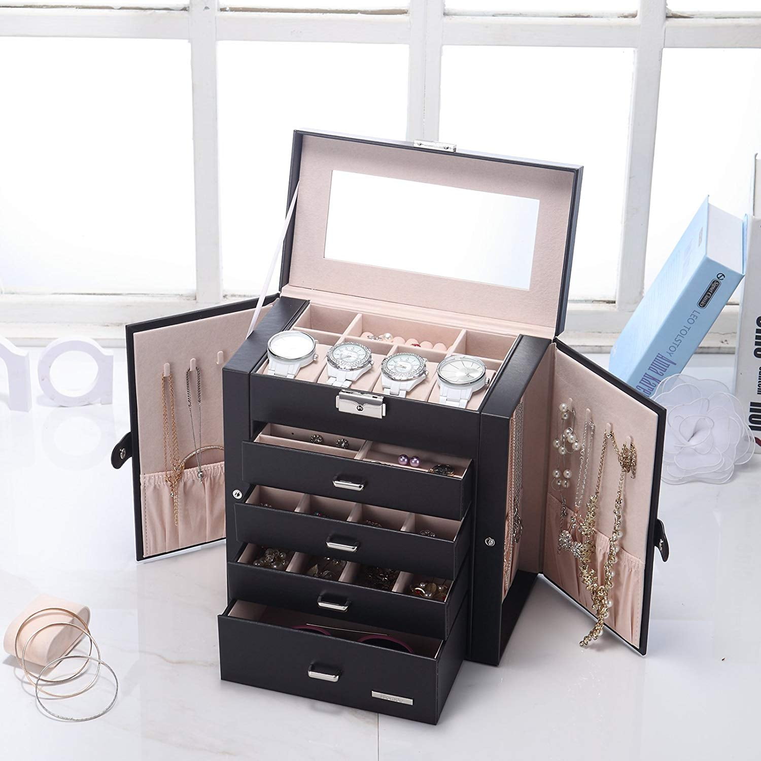 Details about   Three-Layer Velvet Jewelry Box Display Storage Case with Mirror & Lock 