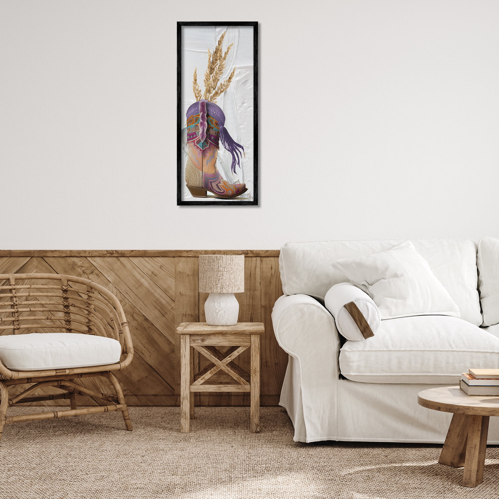 Stupell Industries Cowboy Boot & Wheat Botanical & Floral Painting Black Framed Art Print Wall Art, 13 x 30