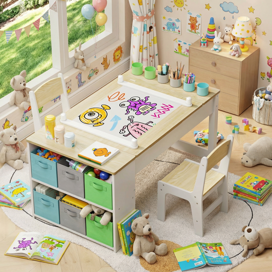 Aiho 4 in 1 Kid Table & Chair Set, Child Activity Table, Kids Table Set Painting with Cabinet for Daycare, Classroom, Home - Natrual