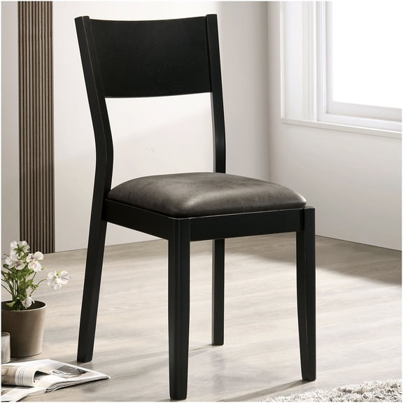 Mid-Century Modern Dining Chairs Set of 2, Black and Gray Leatherette Upholstered Side Chairs with Solid Wood Frame for Kitchen and Dining Room