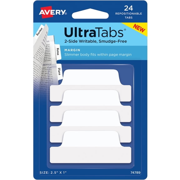 Avery Ultratabs, Margin Style, 2.5" x 1", Paper, Write-on, White, 24 Tabs