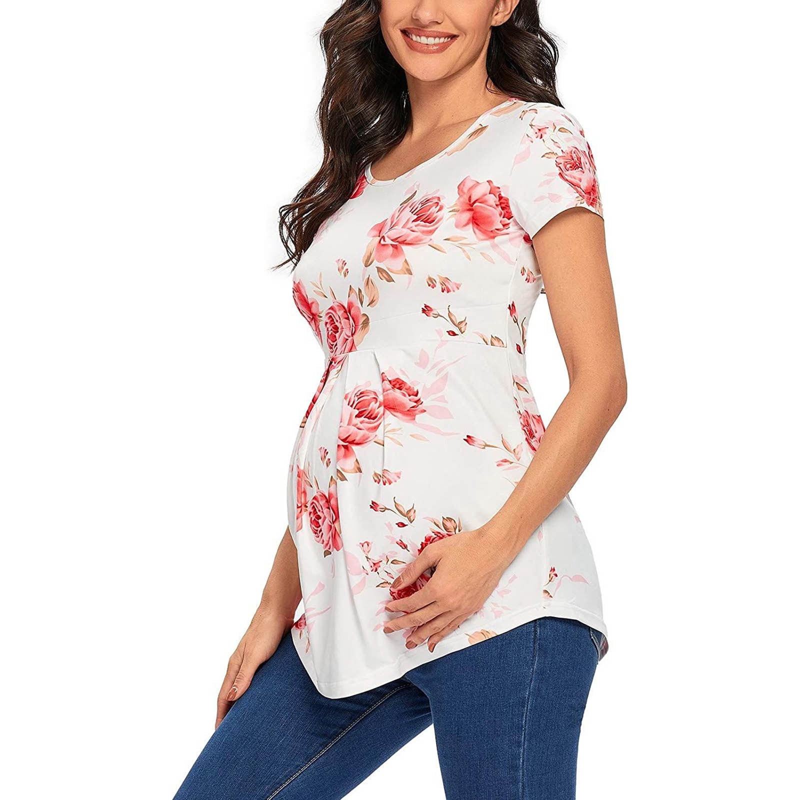 Women's Maternity Tops Tunic T-Shirt Pregnancy Clothes Ladies Fashion Flower Print Short Sleeve Pregnant Woman Casual Clothe Top