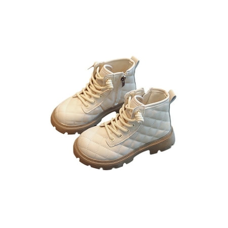 

SIMANLAN Girl Casual Combat Boot Lug Sole Short Bootie School Comfort Leather Boots Creamy-white 10C