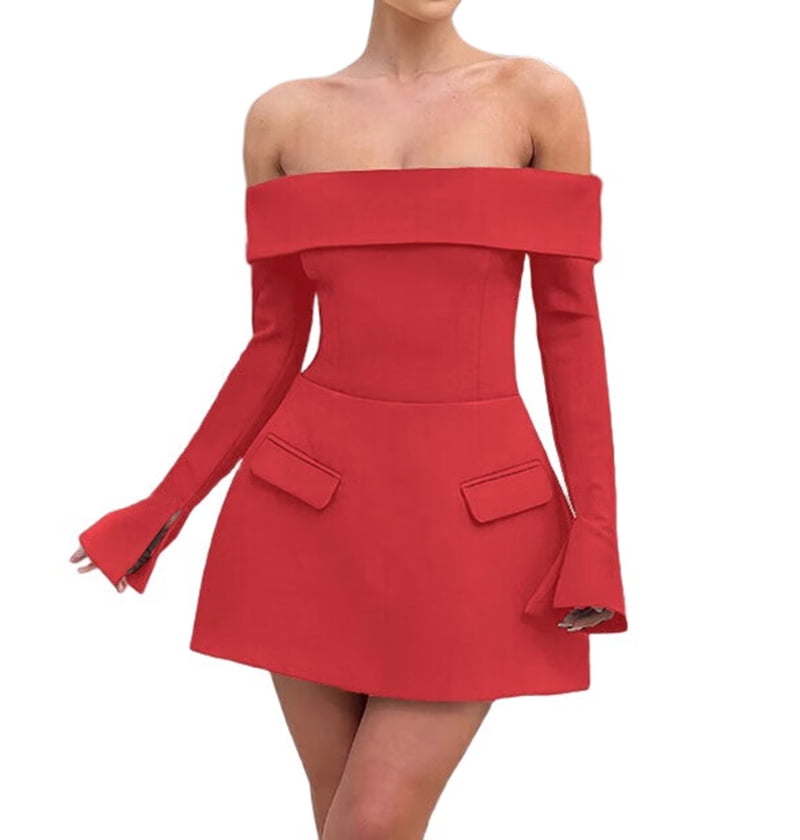 Women Mini Dress Off Shoulder Long Sleeve A Line Dress Short Formal Dresses Party Clubwear Red S