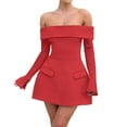 thumbnail image 3 of Women Mini Dress Off Shoulder Long Sleeve A Line Dress Short Formal Dresses Party Clubwear Red M, 3 of 7